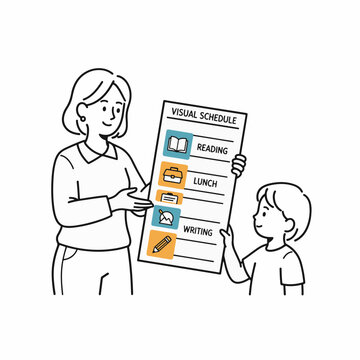 Teacher and Student Discussing Visual Schedule in Classroom.