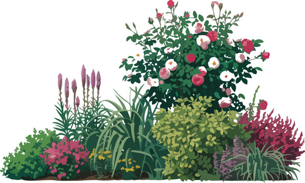 Detailed vector garden scene featuring flowering plants foliage and shrubs in tiered arrangement with vibrant botanical elements and textures
