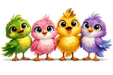 Obraz premium Colorful cartoon birds in vibrant hues of green, pink, yellow, and purple, standing together with cheerful expressions against a white background