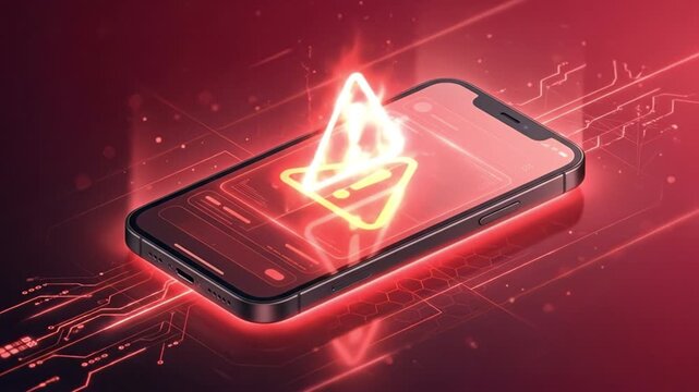 Smartphone warning alert screen icon technology security risk data message mobile phone warning alert screen digital error red glow technology device smartphone caution hazard crisis signal interface