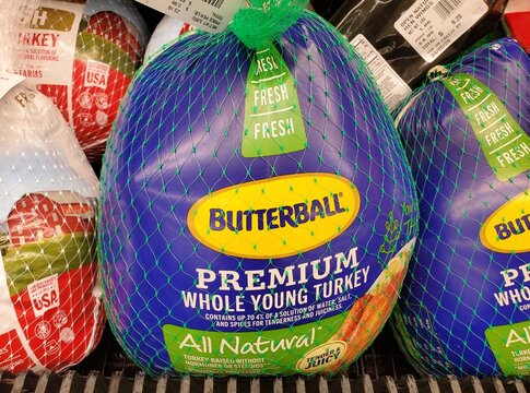 Delaware, U.S.A - March 31, 2026 - Butterball premium whole young turkey labeled fresh, all-natural, tender, juicy, and displayed in refrigerated store section.