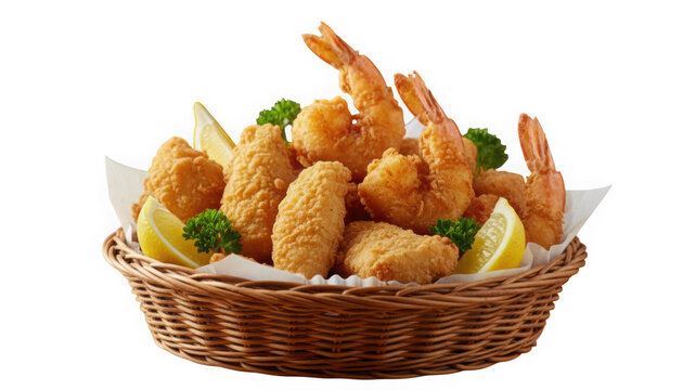 Crispy fried shrimp in basket.