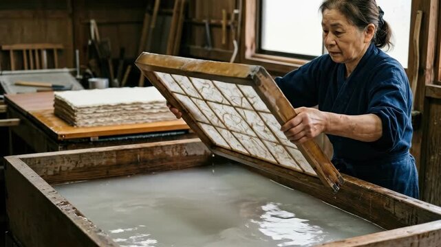 A master papermaker in a traditional Japanese washi studio, lifting a wooden mould and deckle frame from a large vat of kozo fibre suspension, the fibre sheet forming as