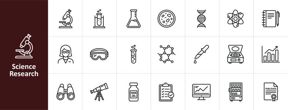 Science Research and Laboratory Equipment Line Icon Set - Minimalist STEM and Biotech Vector Illustrations