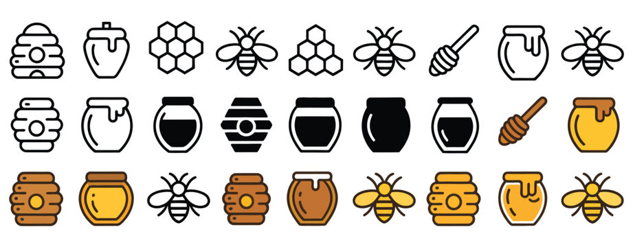 Honey and beekeeping line flat and color icons vector set with editable stroke, bee beehive honeycomb honey hive jar spoons flower icons collection, vector illustration