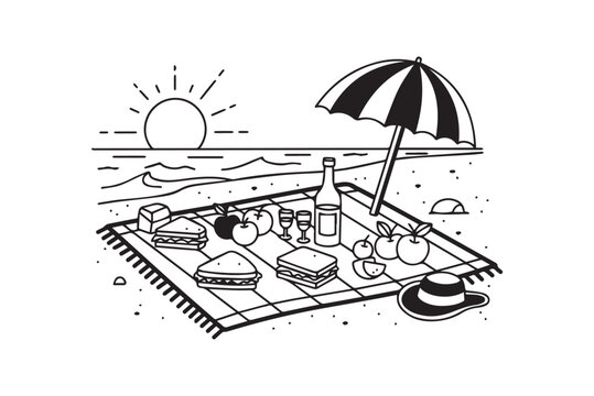 Beach Picnic Setup with Food Drinks and Umbrella Sunset Scene Line Art Illustration, Perfect for Summer Campaigns, Travel Promotions, and Lifestyle Design