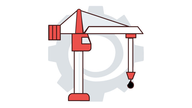 Red and white construction tower crane vector icon with a grey gear background. Minimalist flat illustration for building, engineering, and industrial projects. Scalable AI-generated graphic.
