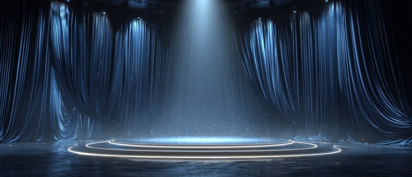 Empty stage with dramatic blue curtains and spotlight in theater