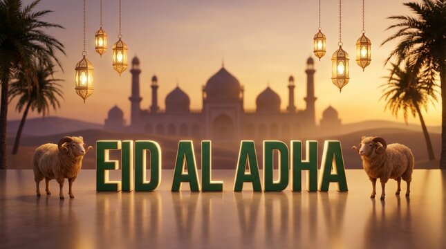 Eid al adha 3d text display with sheep mosque background sunset lighting lantern decor islamic festival branding scene for advertising banner and poster use