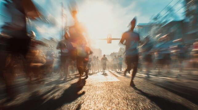 Blurred motion of marathon runners on city street at sunrise
