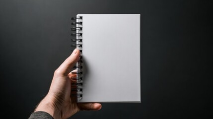 Obraz premium Hand holding blank spiral notebook against dark background