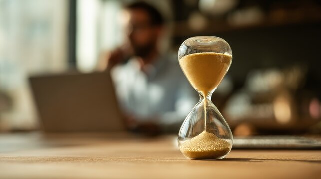 Hourglass on desk with blurred businessman working in background