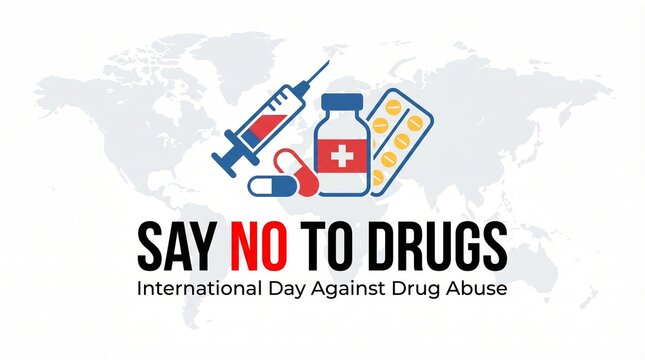 Say no drugs awareness poster with medical syringe capsule bottle and global map background for international health campaign against addiction and substance misuse