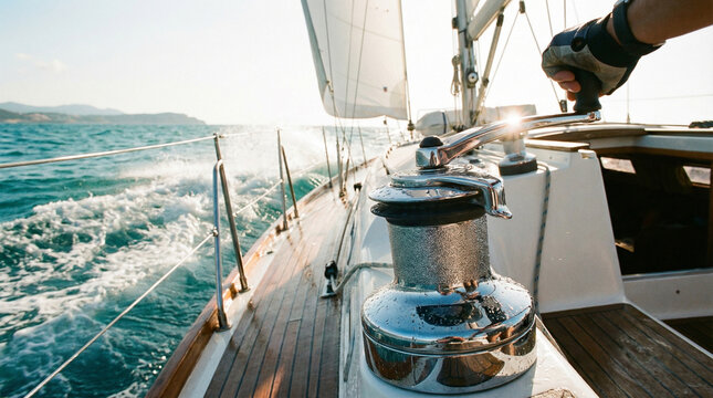 Hand Steering Sailboat Winch During Active Sailing on Sunny Day