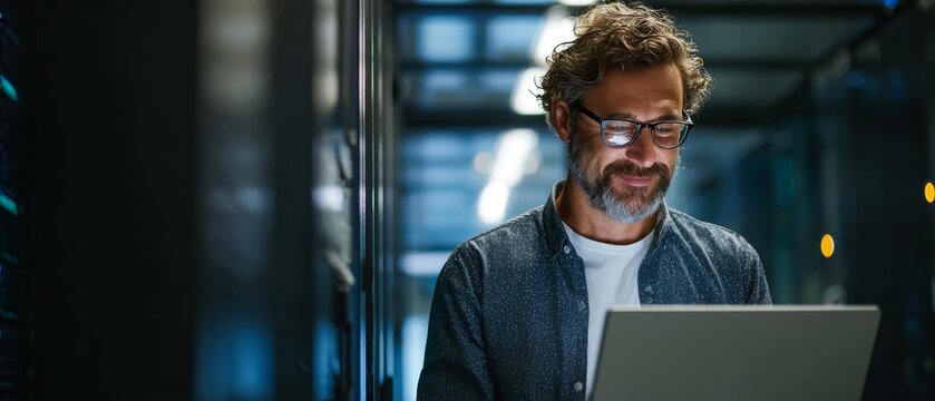 Smiling man working on laptop in modern data center environment