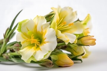 Obraz premium A close-up shot of white and yellow flowers with green leaves on a plain surface
