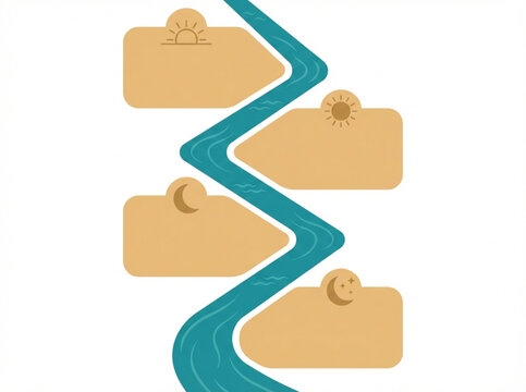 A minimalist infographic featuring a winding teal path representing a journey or timeline. Four beige conceptual text boxes are placed along the route, each marked with sun and moon icons.