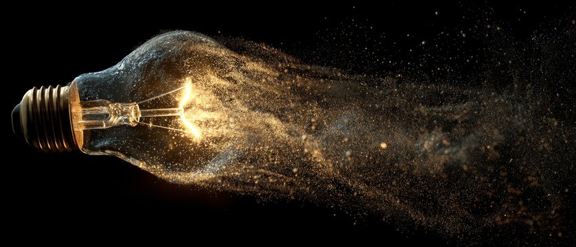 Creative light bulb shattering with glowing particles on black background