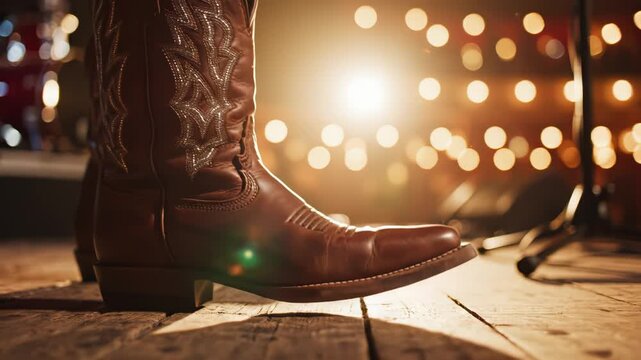 Closeup of cowboy boots on wooden floor for commercial backgrounds, digital design, and advertising