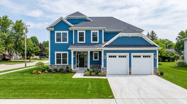 New Construction Blue House with White Trim, Double Garage, and Fresh Green Lawn