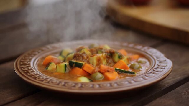 Traditional Dish Reveals Flavorful Ingredients. Rustic Cookware Displays Hot Vegetable And Meat Medley