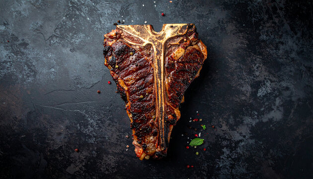 Perfectly Grilled T-Bone Steak with Herbs and Spices on a Dark Background