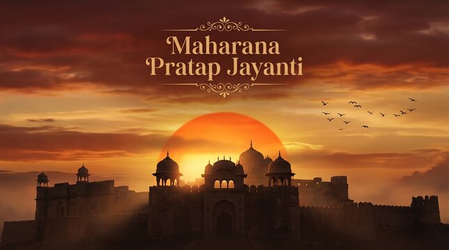 Maharana pratap jayanti historic fort silhouette at sunset with dramatic sky and birds for cultural celebration banner background design template