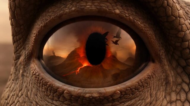 Realistic close-up of a dinosaur eye blinking with vivid reptilian textures reflecting a volcanic landscape and flying pterosaurs in warm volcanic light video footage