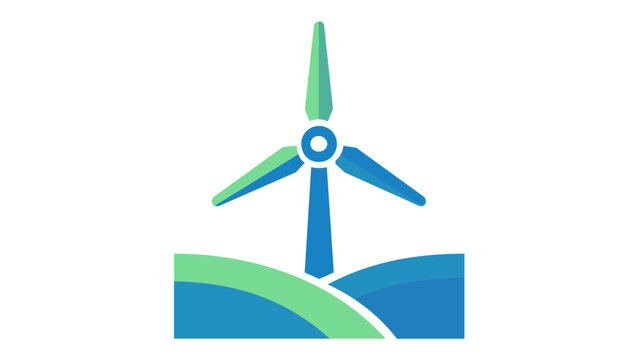 Modern vector icon illustration of a wind turbine standing on rolling green hills, symbolizing renewable energy, clean power, and sustainable environmental technology with a flat minimalist design.