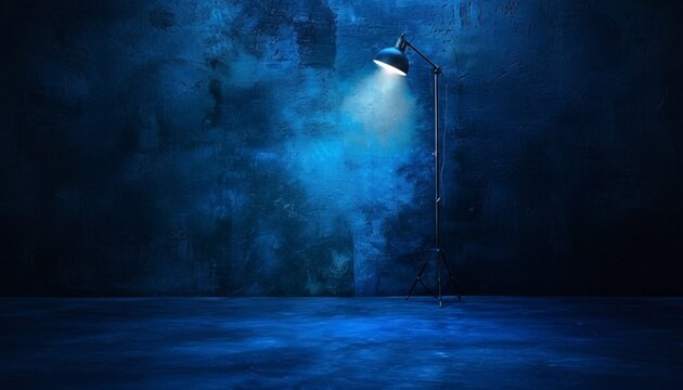 A dramatic spotlight shines down in a dark blue room with a textured wall and floor