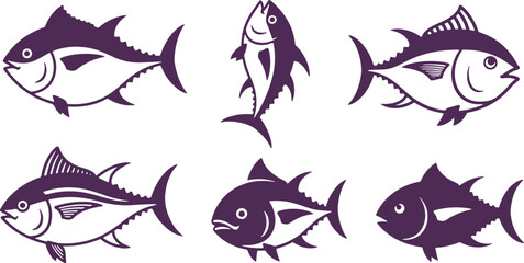 Fototapeta premium Diverse illustrations of various tuna fish species in black and white silhouette
