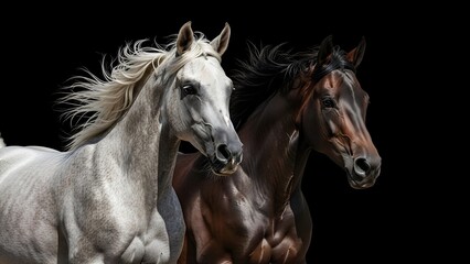 Naklejka premium A beautiful black and white horse portrait captures the head of a majestic stallion with a flowing mane standing in a green nature pasture on a rural farm ranch