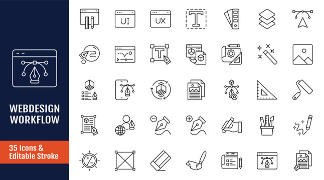 Web Design and Workflow icon set. Web Design, process, planning, strategy, teamwork, productivity, task, step, action. Outline icon with Editable stroke. Vector illustration