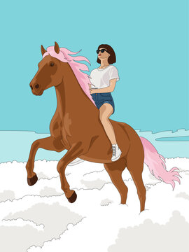 Conceptual Vector Artwork of Woman Riding a Brown Horse with Pink Hair on a Cloudy Blue Sky Freedom Summer lifestyle Concept