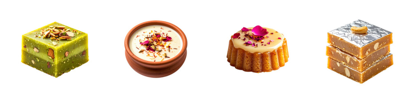 Assorted Indian sweets including pistachio barfi creamy rabri bowl floral cake and cashew fudge