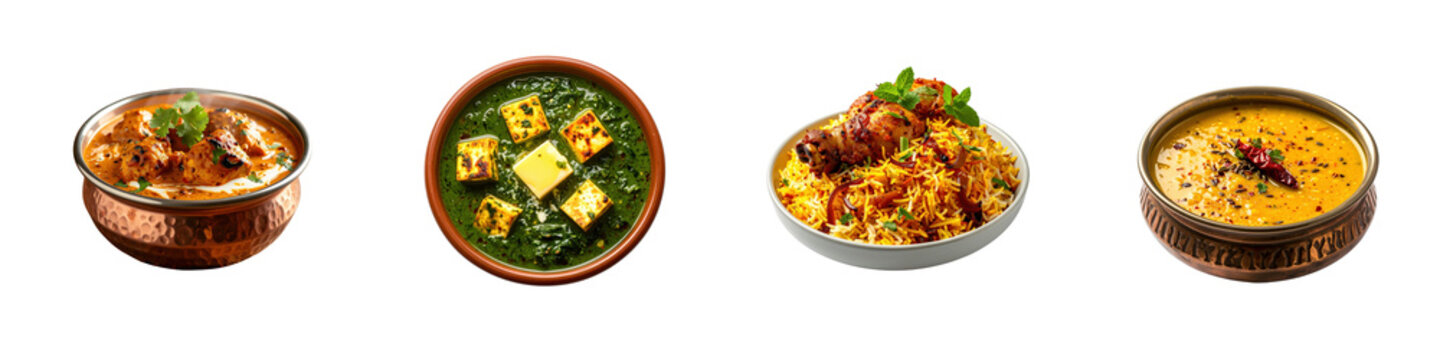 collection of various traditional Indian dishes including chicken curry palak paneer biryani and dal