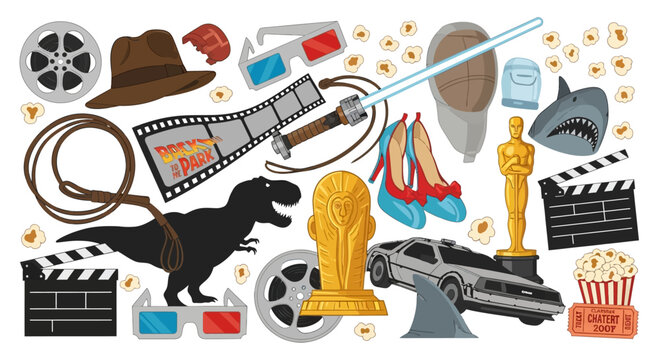 Cinema symbols display legendary objects from famous blockbuster movies.