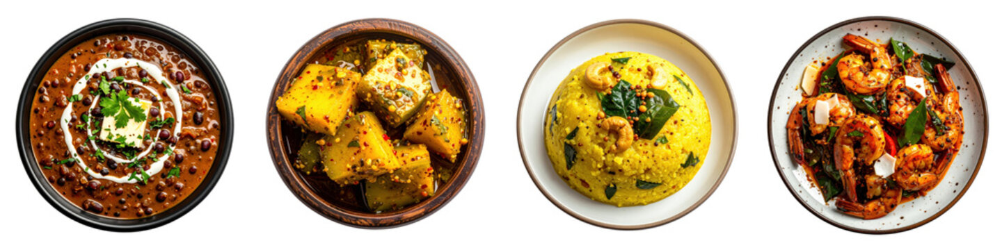 Four bowls of different Indian dishes including dal makhani vegetable curry turmeric rice and shrimp fry
