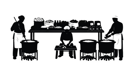 Fototapeta premium Silhouette of chefs cooking in a large commercial kitchen with big pots