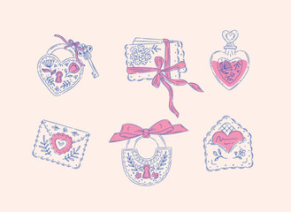 Love floral elements heart shape, lock, envelope perfume drawing in romantic style with blue on beige background © anna42f