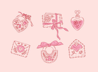Love floral elements heart shape, lock, envelope perfume drawing in romantic style with red on peach background © anna42f