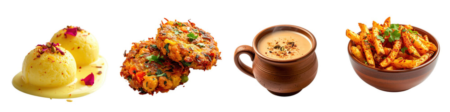 Collection of assorted Indian cuisine including ras malai aloo tikki chai tea and spiced fries