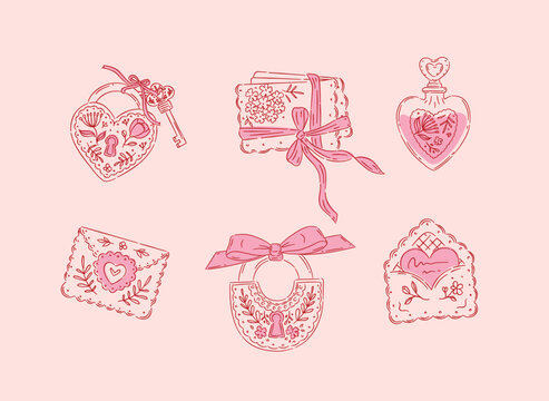 Love floral elements heart shape, lock, envelope perfume drawing in romantic style with red on peach background