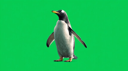 Fototapeta premium A cheerful penguin stands proudly against a bright green background, showcasing its distinctive black and white feathers.