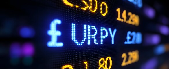 Fototapeta premium Currency exchange rate trends on an electronic financial board evoke tension and urgency.