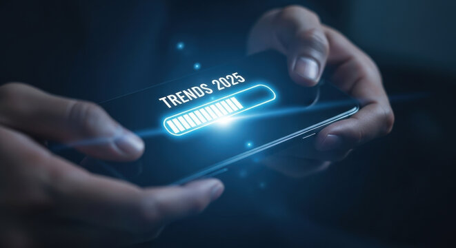 Trends 2025, Loading Bar on Mobile Phone Screen. Business Future Prediction Technologies and Growth Strategy. Data Science Technology Concept