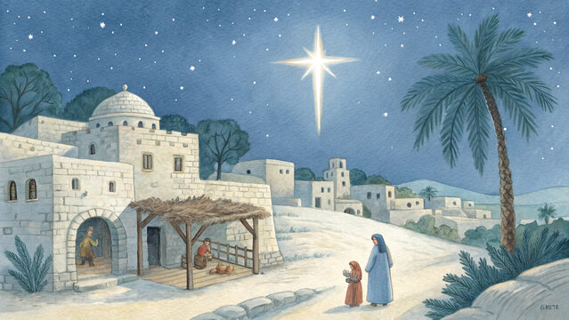 Star of bethlehem over ancient town nativity scene