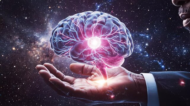 Hand holding glowing brain in space for tech concepts, digital marketing, and scientific projects