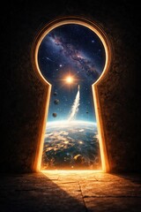Fototapeta premium Rocket launching toward galaxy through glowing portal doorway symbolizing exploration future and discovery