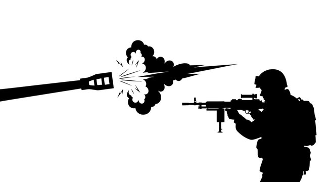 Soldier firing machine gun, explosive muzzle flash, combat action, military warfare